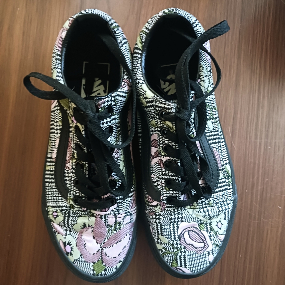 Vans Old Skool Stackform Womens Sz 5.5 Black Platform Floral Stacked Sneaker EUC